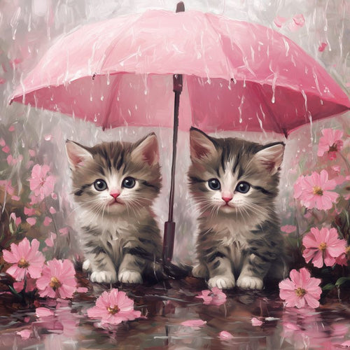 Kattunger under rosa paraply