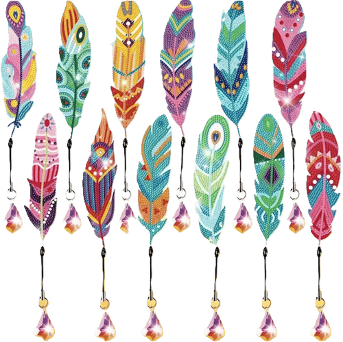 Sett med 12 bokmerker for Diamond Painting| Glitrende fjær